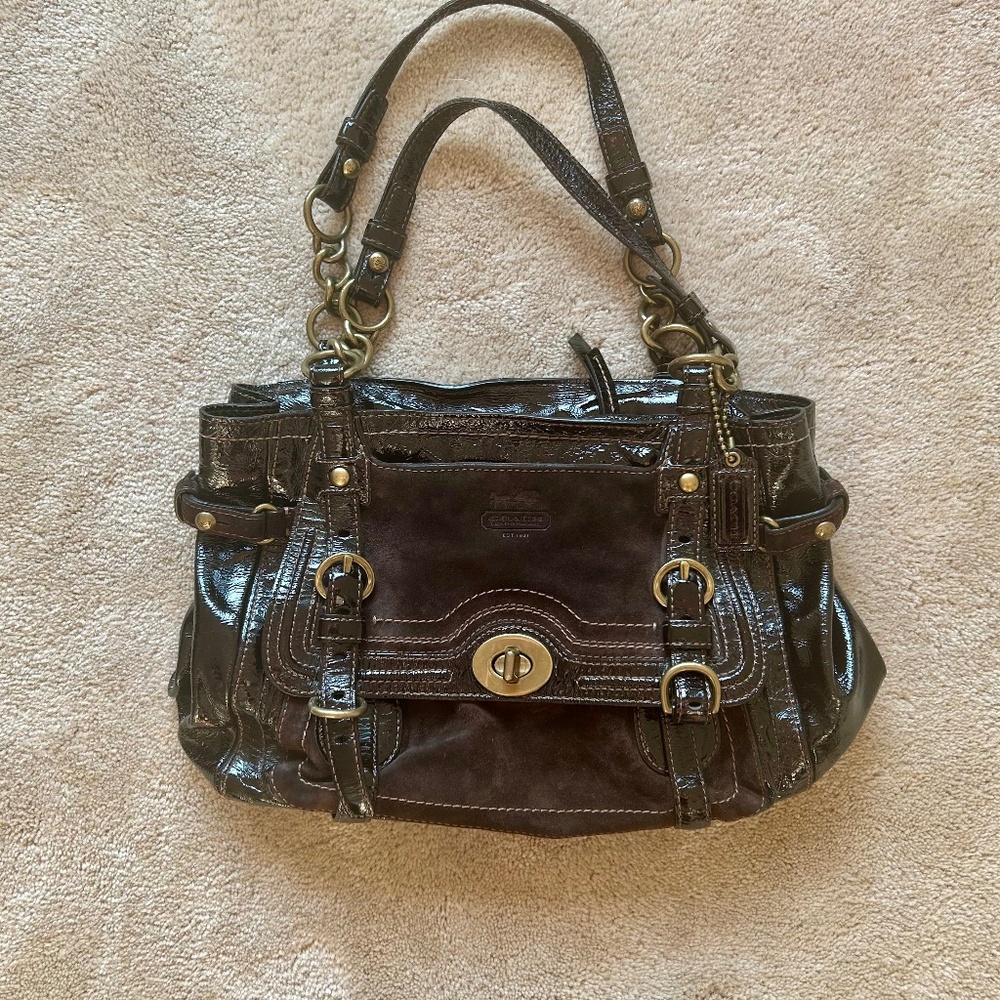 COACH Legacy Garcia Brown Patent Leather and Suede Hobo Bag with Brass Hardware